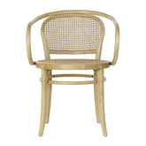 Thonet ihletésű, natúr színű, lakkozott felületű szilfából készült, mediterrán stílusú, formatervezett, karfás kialakítású étkezőszék.